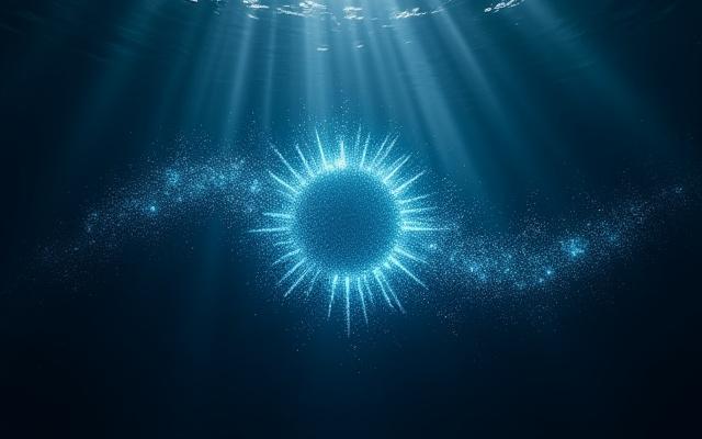 Dynamische visuelle Effekte: Eine Unterwasserszene mit einem Schwarm leuchtender Partikel, die sich um ein Produktlogo in einem dramatischen Lichtspiel bewegen.